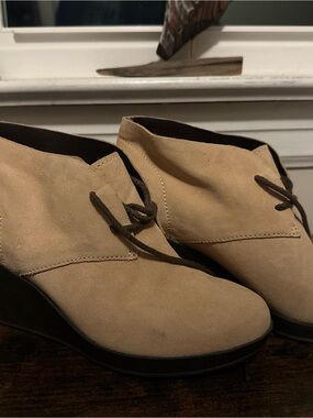 Cole Haan Beige Suede Lace-Up Wedge Booties